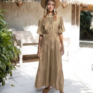 Mare Sole Amore Puff Sleeve Linen Maxi Dress Beige Tan Size Small